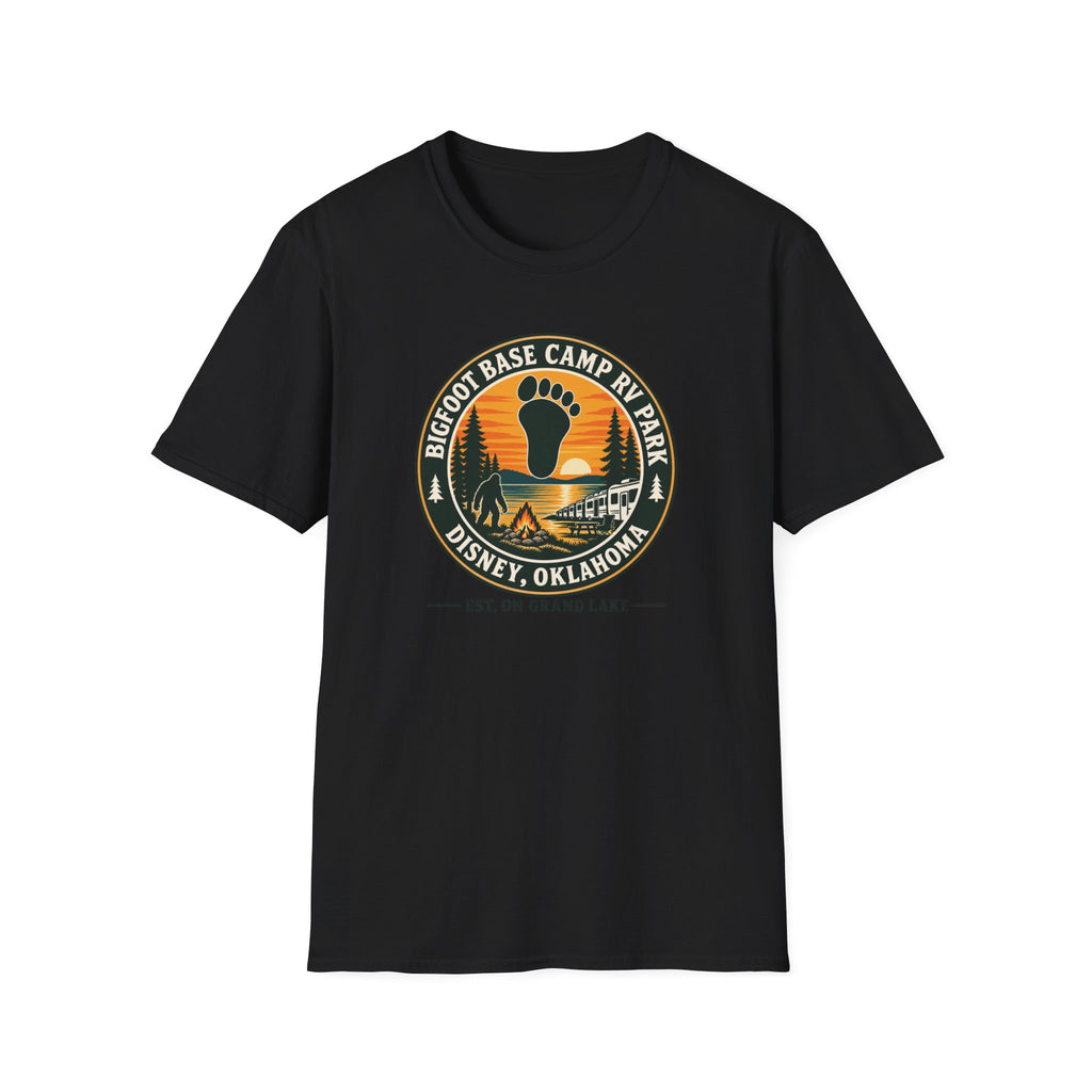 Bigfoot Base Camp RV Park T‑Shirt — Retro Camping Badge (Disney, Oklahoma)