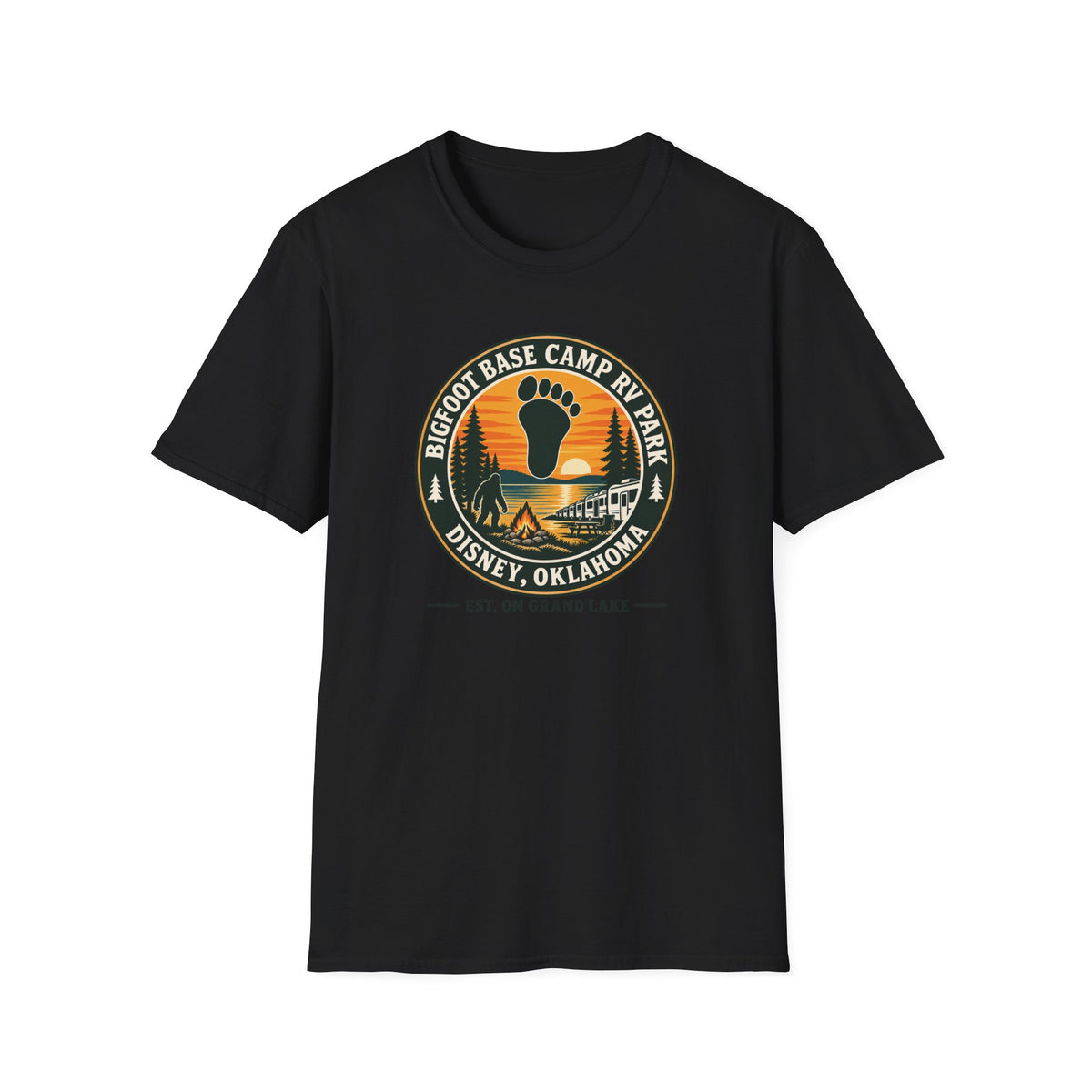 Bigfoot Base Camp RV Park T‑Shirt — Retro Camping Badge (Disney, Oklahoma)