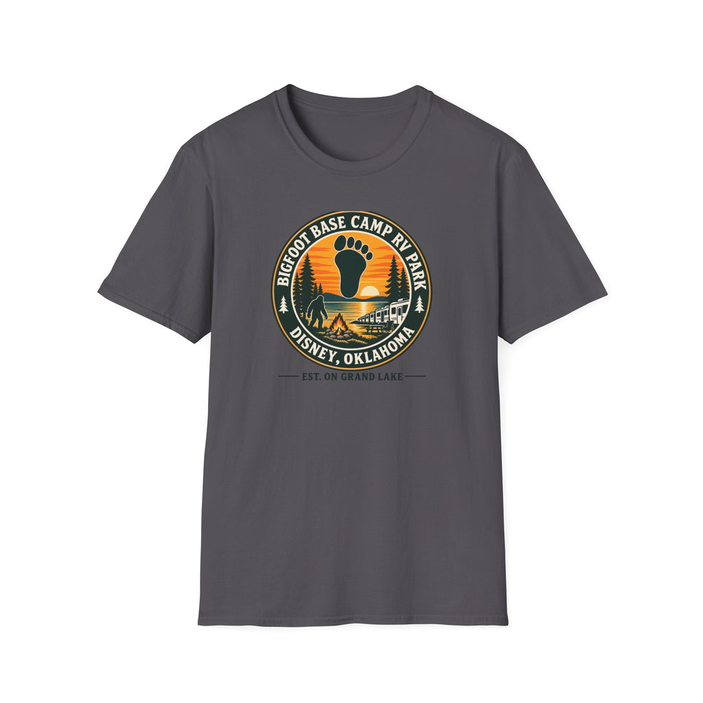 Bigfoot Base Camp RV Park T-Shirt | Sasquatch Camping Badge Shirt