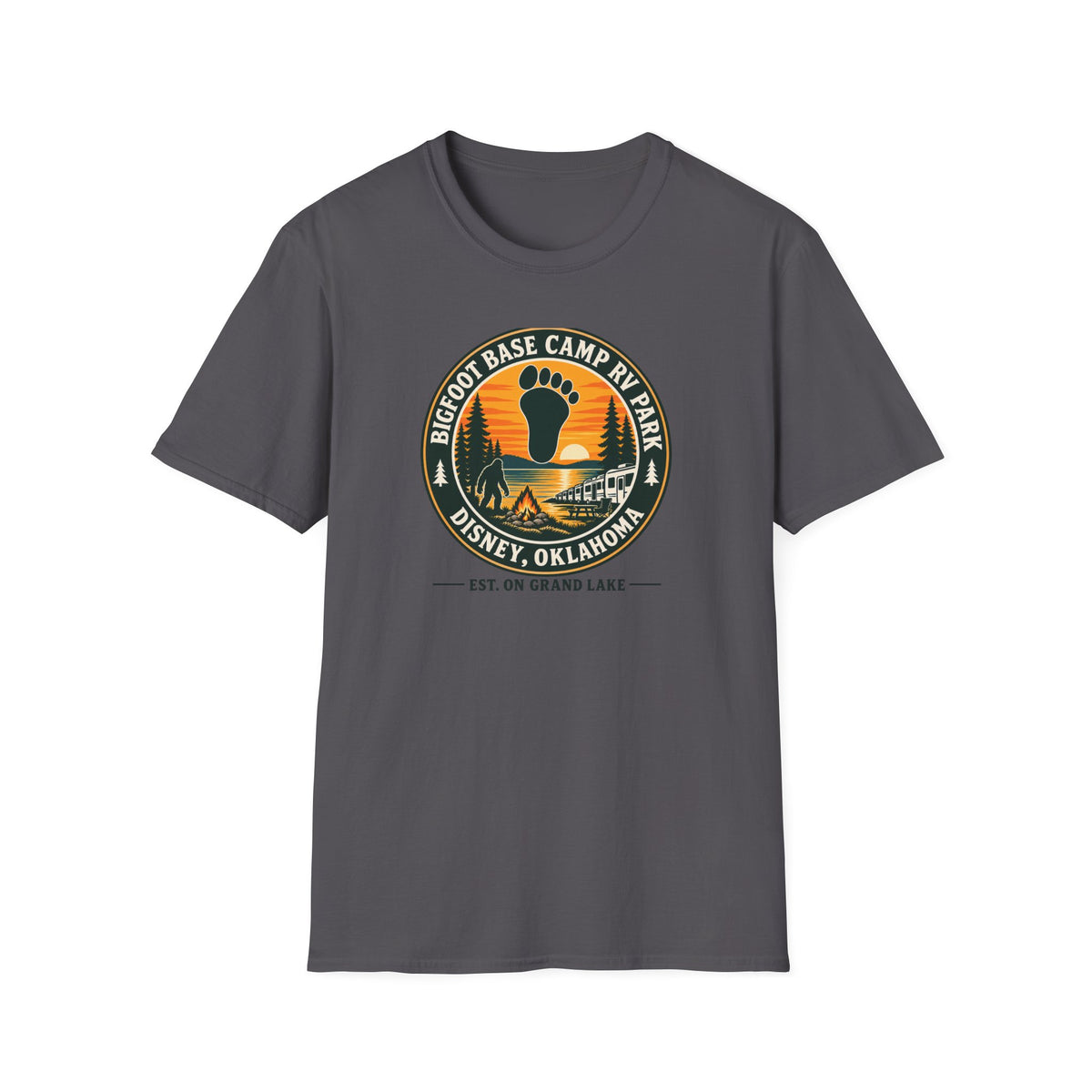 Bigfoot Base Camp RV Park T-Shirt | Sasquatch Camping Badge Shirt