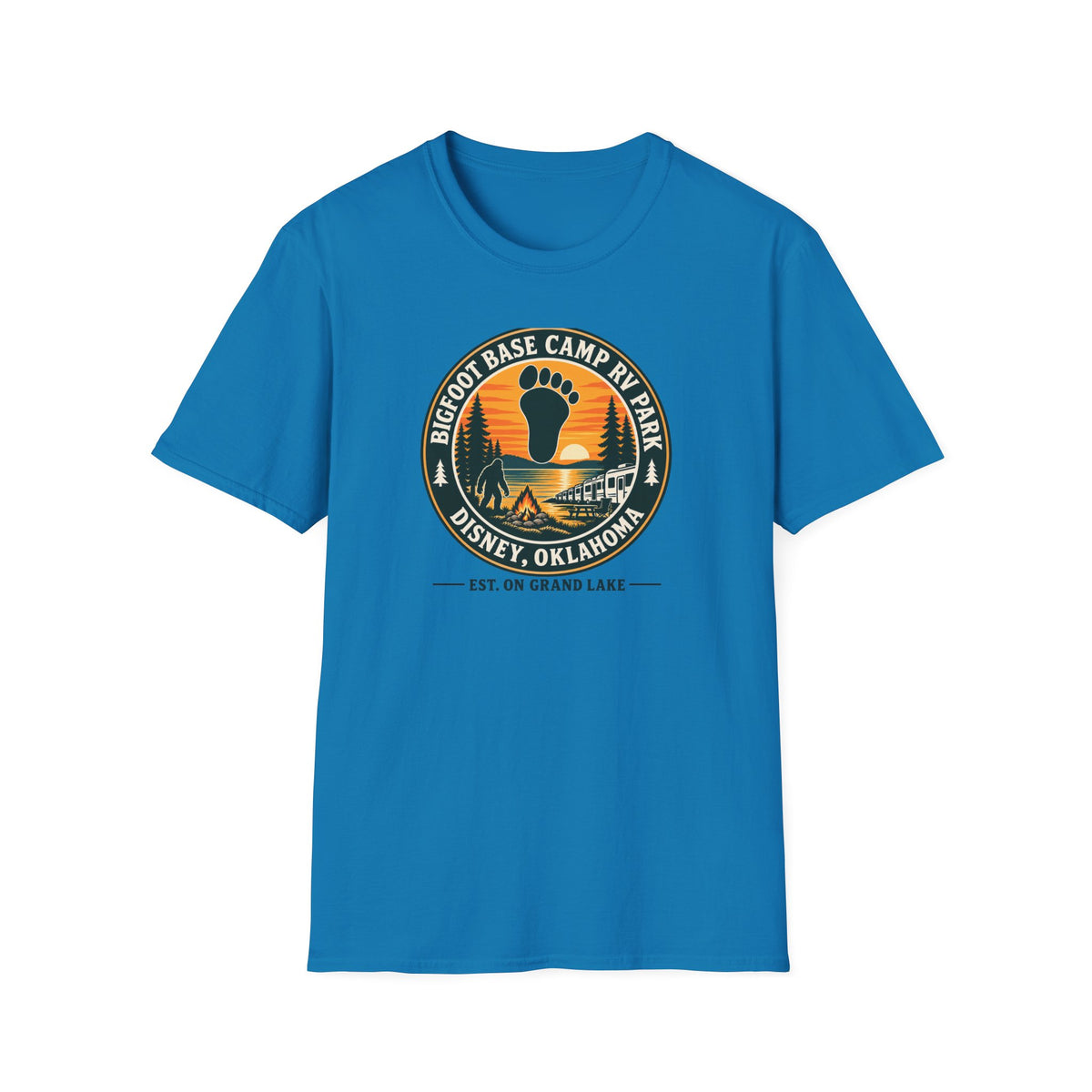 Bigfoot Base Camp RV Park T-Shirt | Sasquatch Camping Badge Shirt