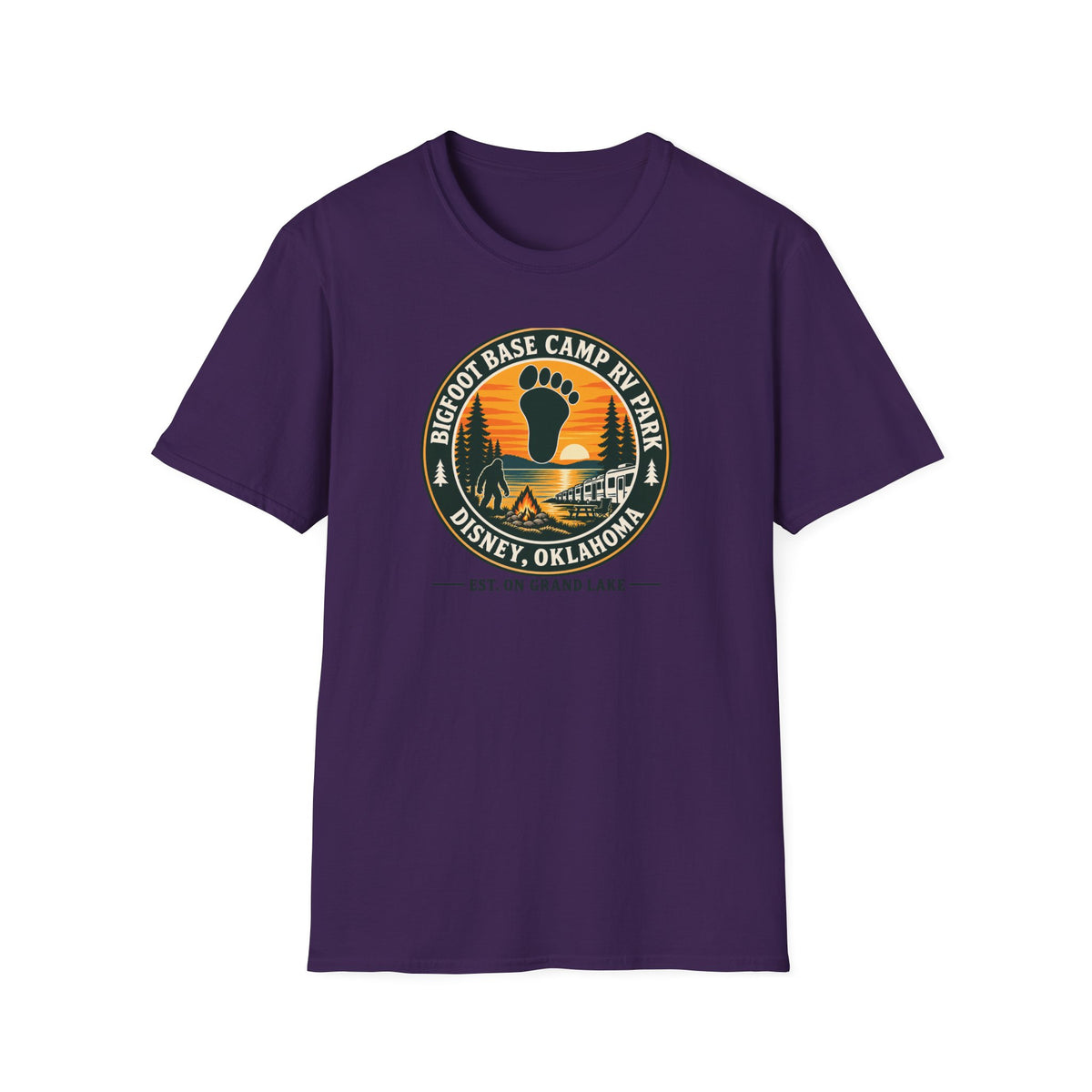 Bigfoot Base Camp RV Park T-Shirt | Sasquatch Camping Badge Shirt