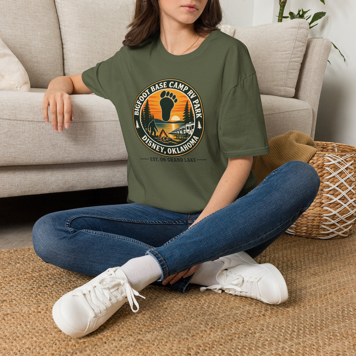 Bigfoot Base Camp RV Park T‑Shirt — Retro Camping Badge (Disney, Oklahoma)