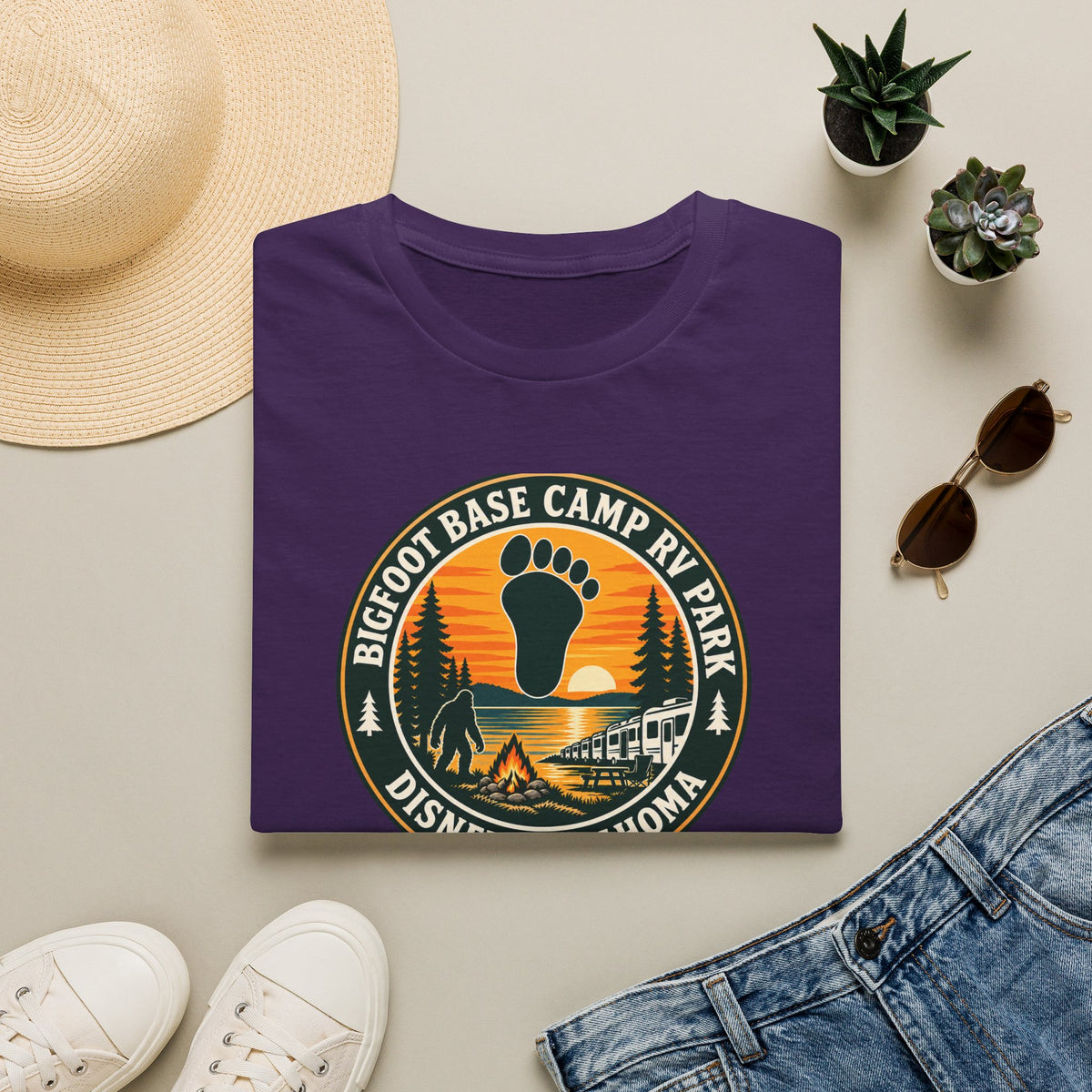 Bigfoot Base Camp RV Park T-Shirt | Sasquatch Camping Badge Shirt