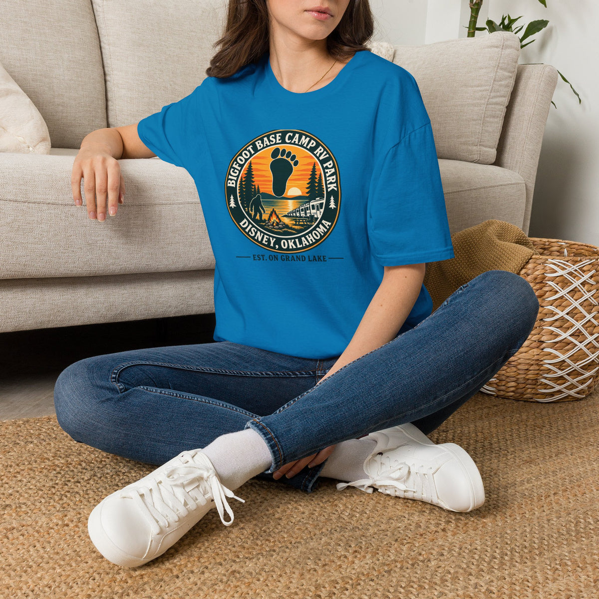 Bigfoot Base Camp RV Park T-Shirt | Sasquatch Camping Badge Shirt