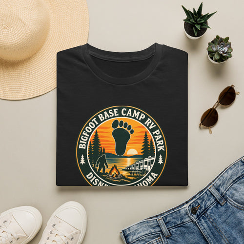 Bigfoot Base Camp RV Park T-Shirt | Sasquatch Camping Badge Shirt