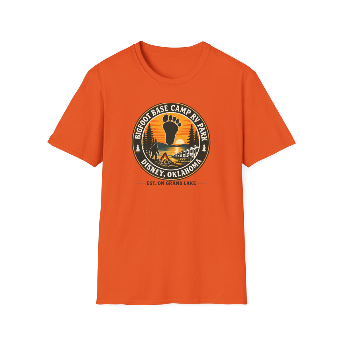 Bigfoot Base Camp RV Park T-Shirt | Sasquatch Camping Badge Shirt