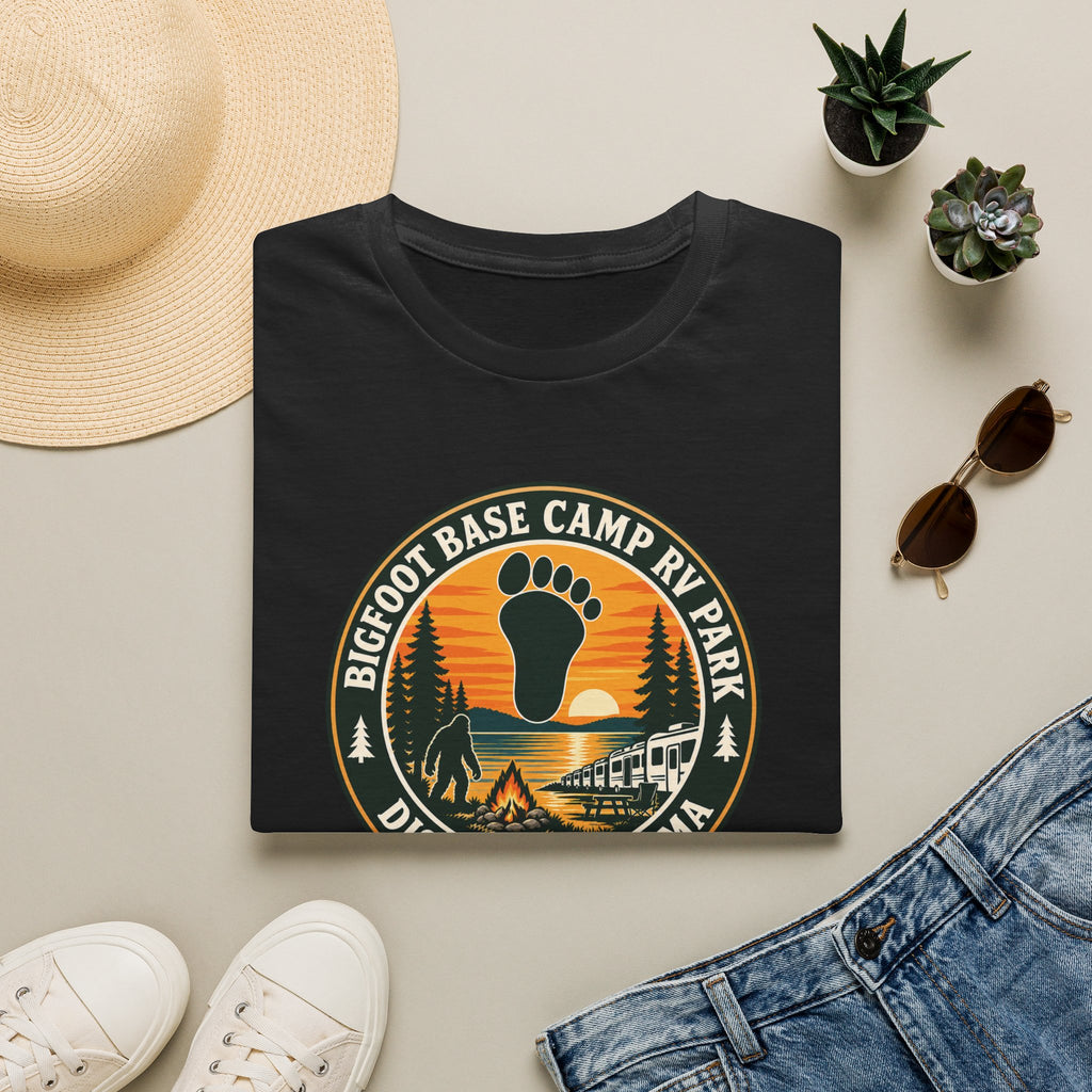 Bigfoot Base Camp RV Park T‑Shirt — Retro Camping Badge (Disney, Oklahoma)