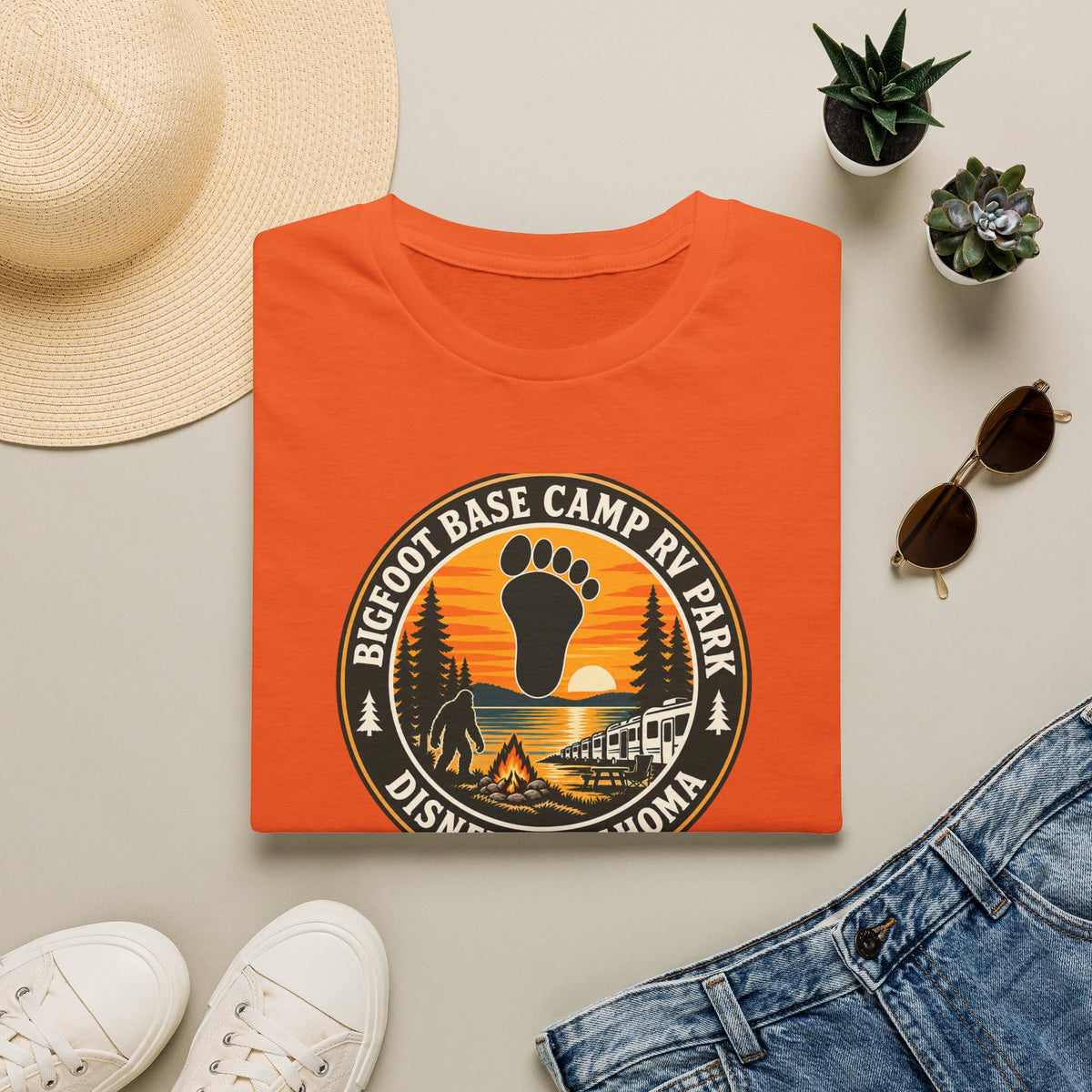 Bigfoot Base Camp RV Park T-Shirt | Sasquatch Camping Badge Shirt