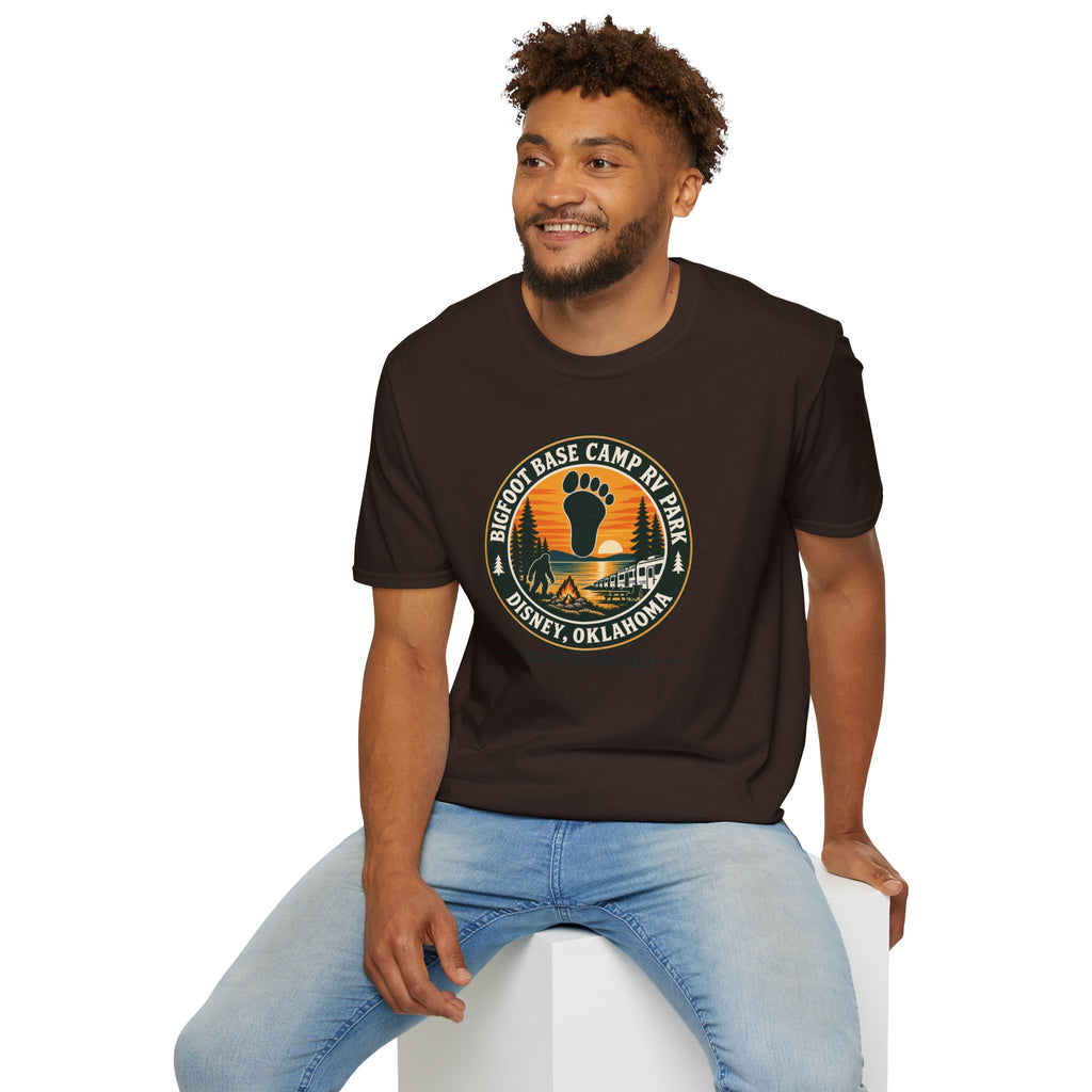 Bigfoot Base Camp RV Park T‑Shirt — Retro Camping Badge (Disney, Oklahoma)