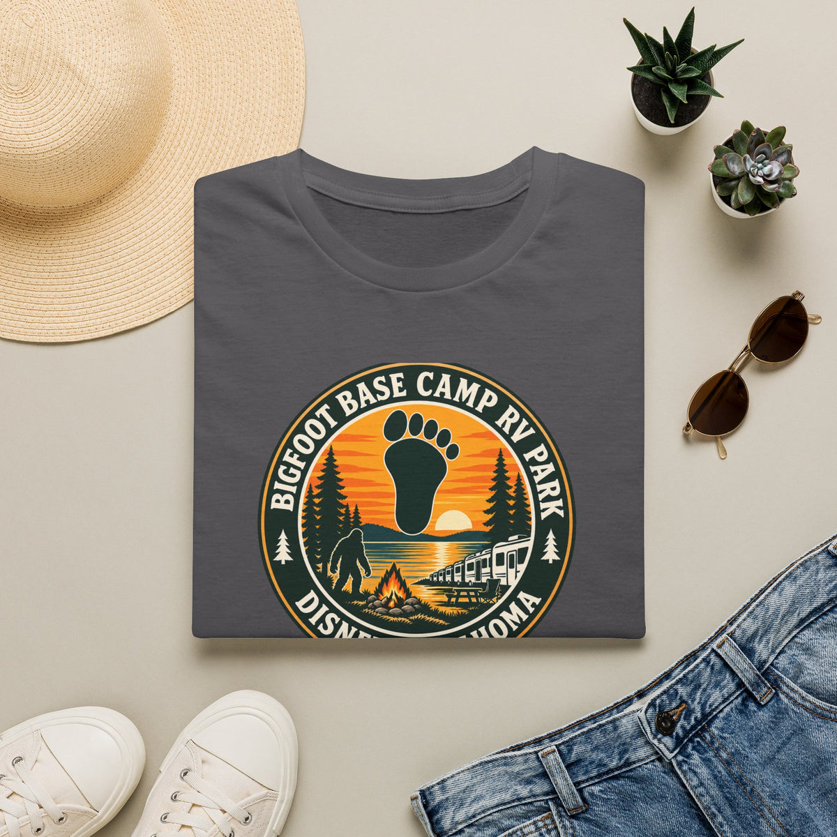 Bigfoot Base Camp RV Park T-Shirt | Sasquatch Camping Badge Shirt
