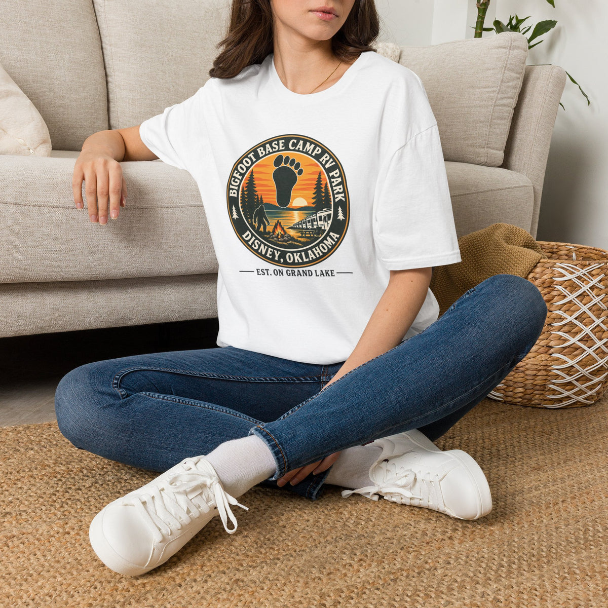 Bigfoot Base Camp RV Park T‑Shirt — Retro Camping Badge (Disney, Oklahoma)