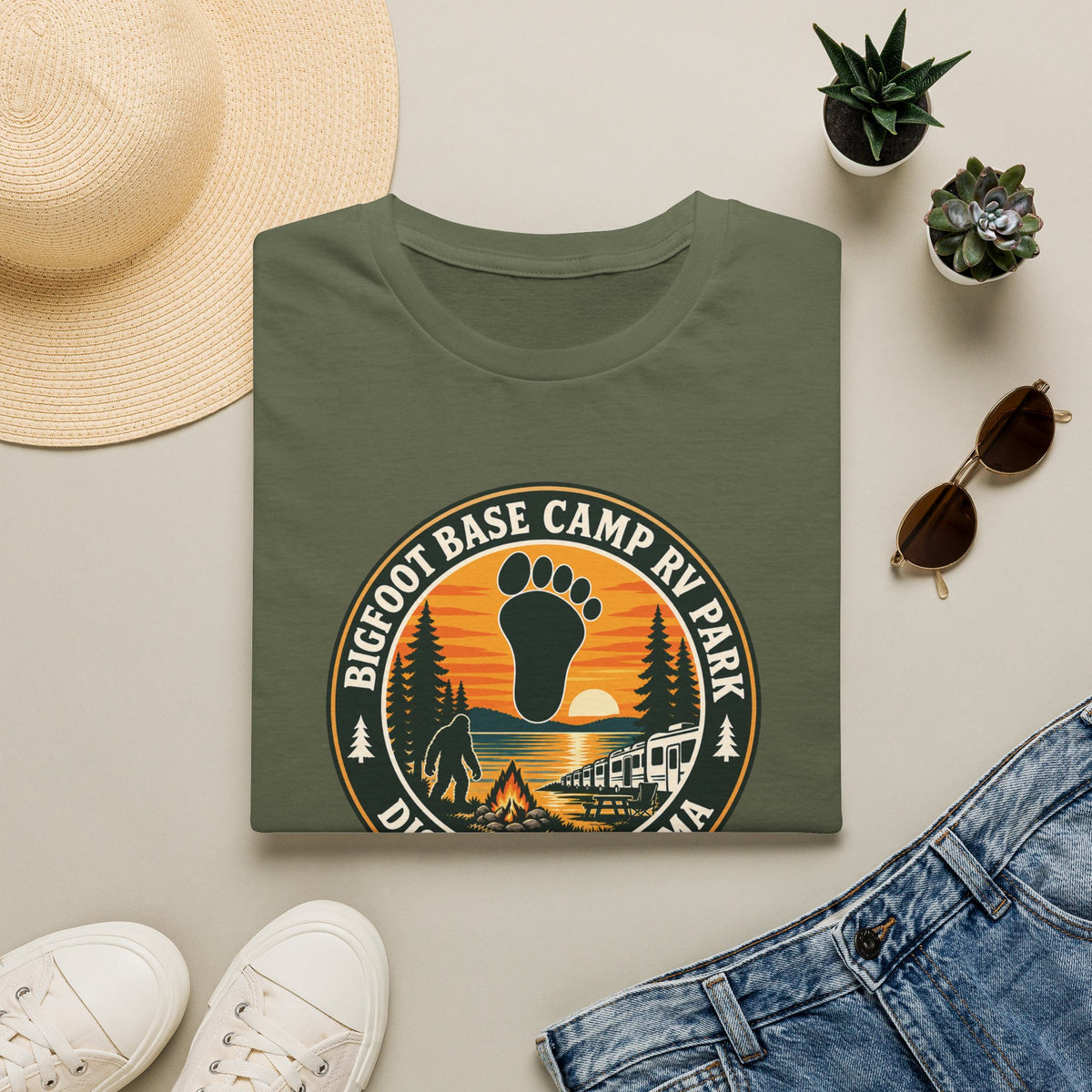 Bigfoot Base Camp RV Park T‑Shirt — Retro Camping Badge (Disney, Oklahoma)