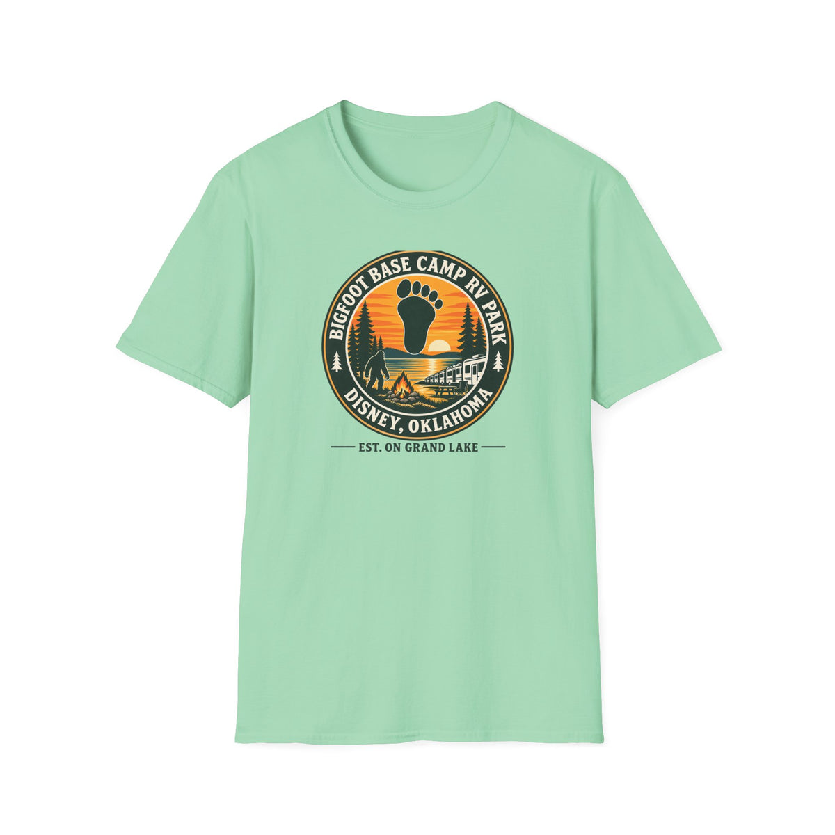 Bigfoot Base Camp RV Park T-Shirt | Sasquatch Camping Badge Shirt