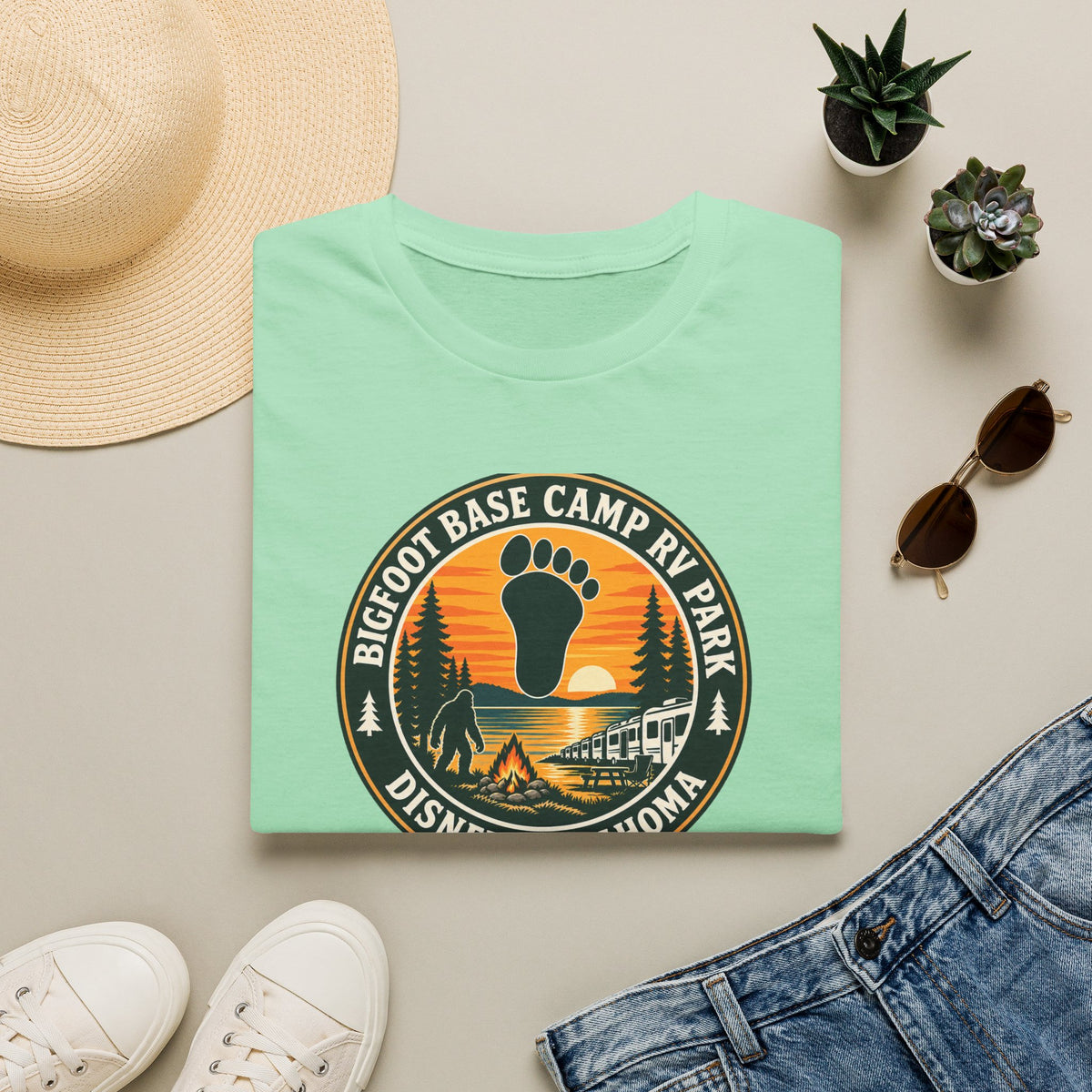 Bigfoot Base Camp RV Park T-Shirt | Sasquatch Camping Badge Shirt