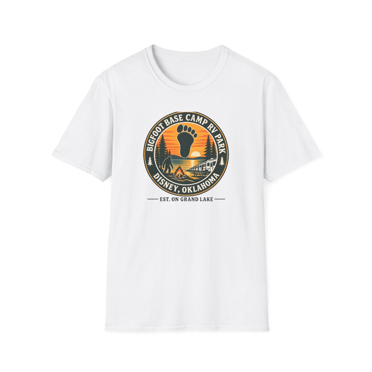 Bigfoot Base Camp RV Park T-Shirt | Sasquatch Camping Badge Shirt