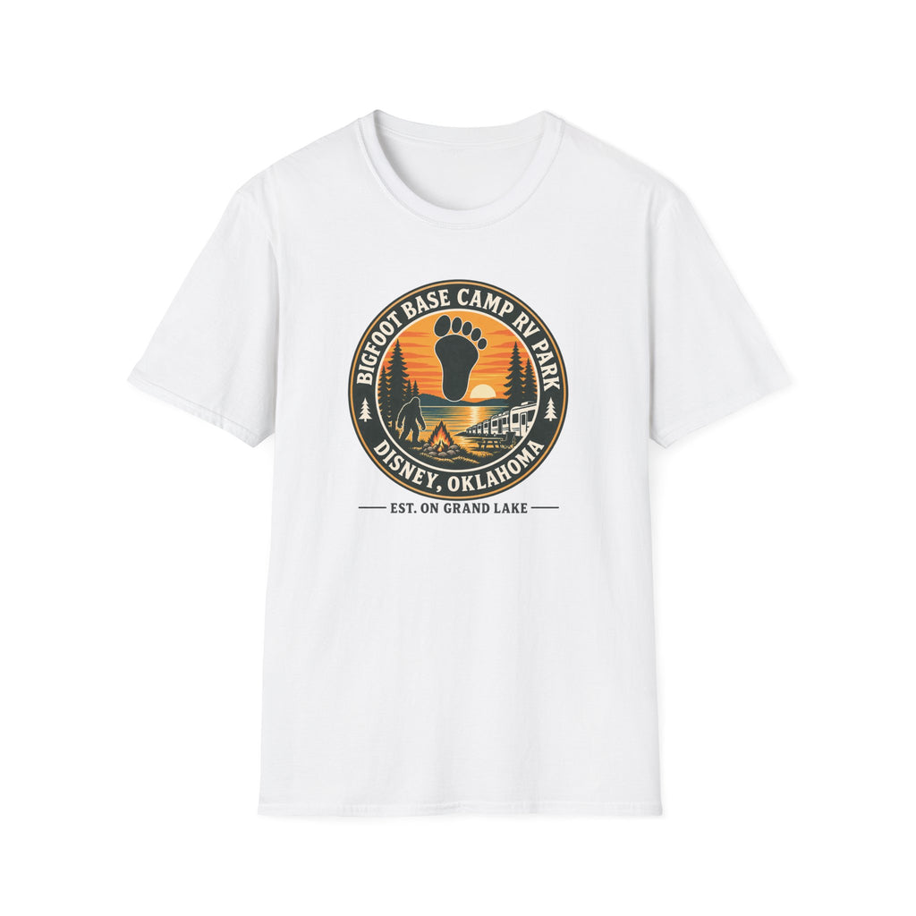 Bigfoot Base Camp RV Park T‑Shirt — Retro Camping Badge (Disney, Oklahoma)