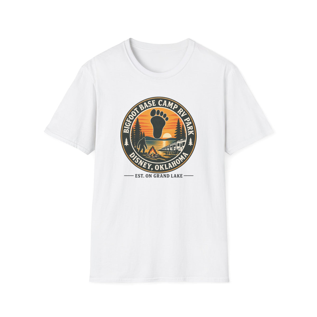 Bigfoot Base Camp RV Park T‑Shirt — Retro Camping Badge (Disney, Oklahoma)