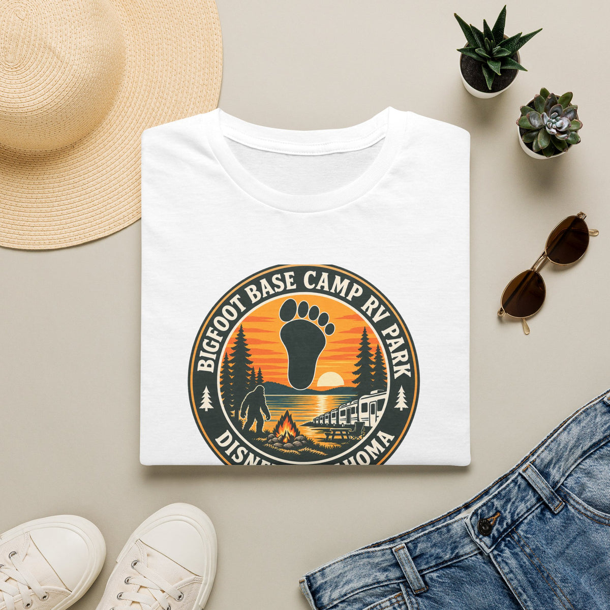 Bigfoot Base Camp RV Park T-Shirt | Sasquatch Camping Badge Shirt