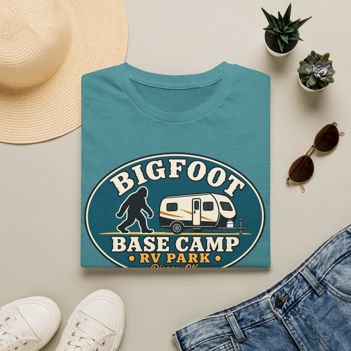 Bigfoot Base Camp RV Park T-Shirt | Sasquatch Camping Graphic