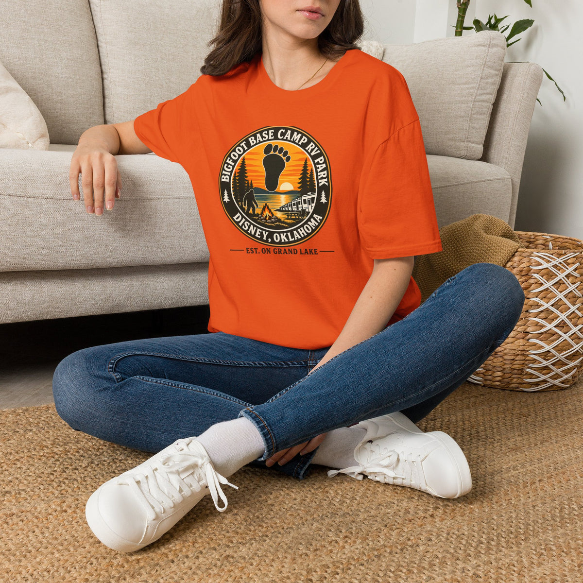Bigfoot Base Camp RV Park T-Shirt | Sasquatch Camping Badge Shirt