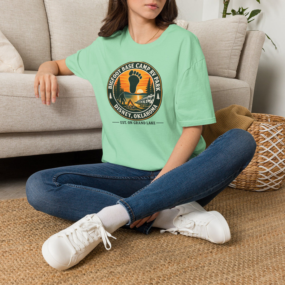 Bigfoot Base Camp RV Park T-Shirt | Sasquatch Camping Badge Shirt