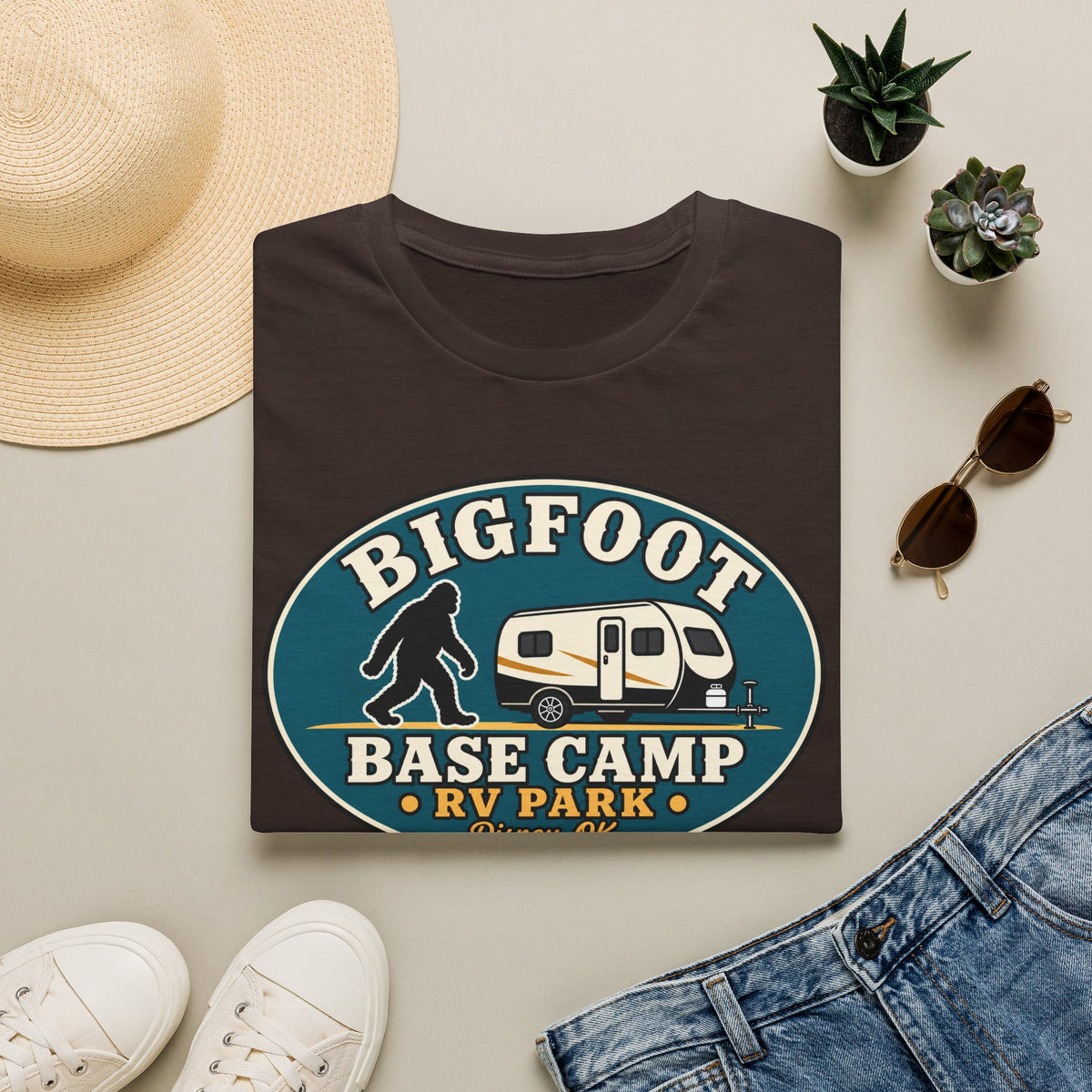 Bigfoot Base Camp RV Park T-Shirt | Sasquatch Camping Graphic