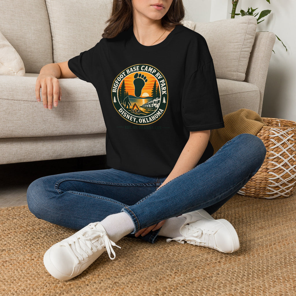 Bigfoot Base Camp RV Park T-Shirt | Sasquatch Camping Badge Shirt