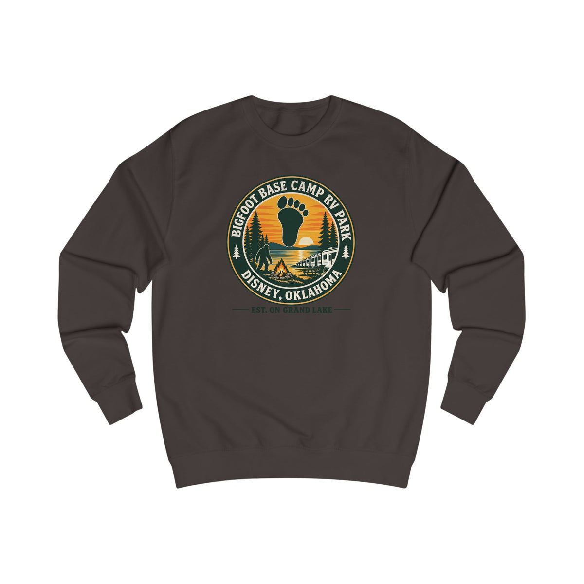 Bigfoot Base Camp RV Park Sweatshirt | Retro Sunset Sasquatch Oklahoma Camp