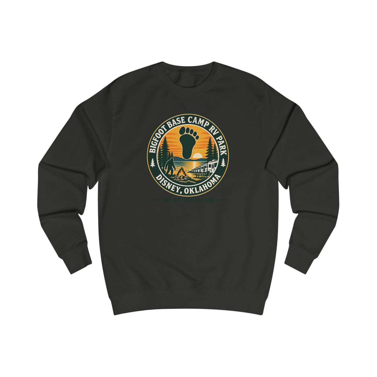 Bigfoot Base Camp RV Park Sweatshirt | Retro Sunset Sasquatch Oklahoma Camp