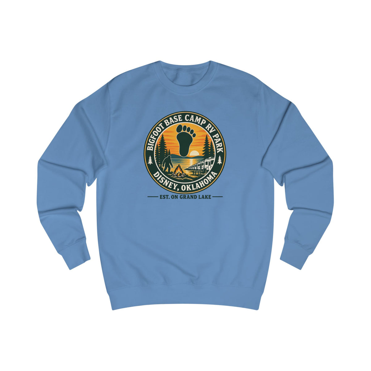 Bigfoot Base Camp RV Park Sweatshirt | Retro Sunset Sasquatch Oklahoma Camp