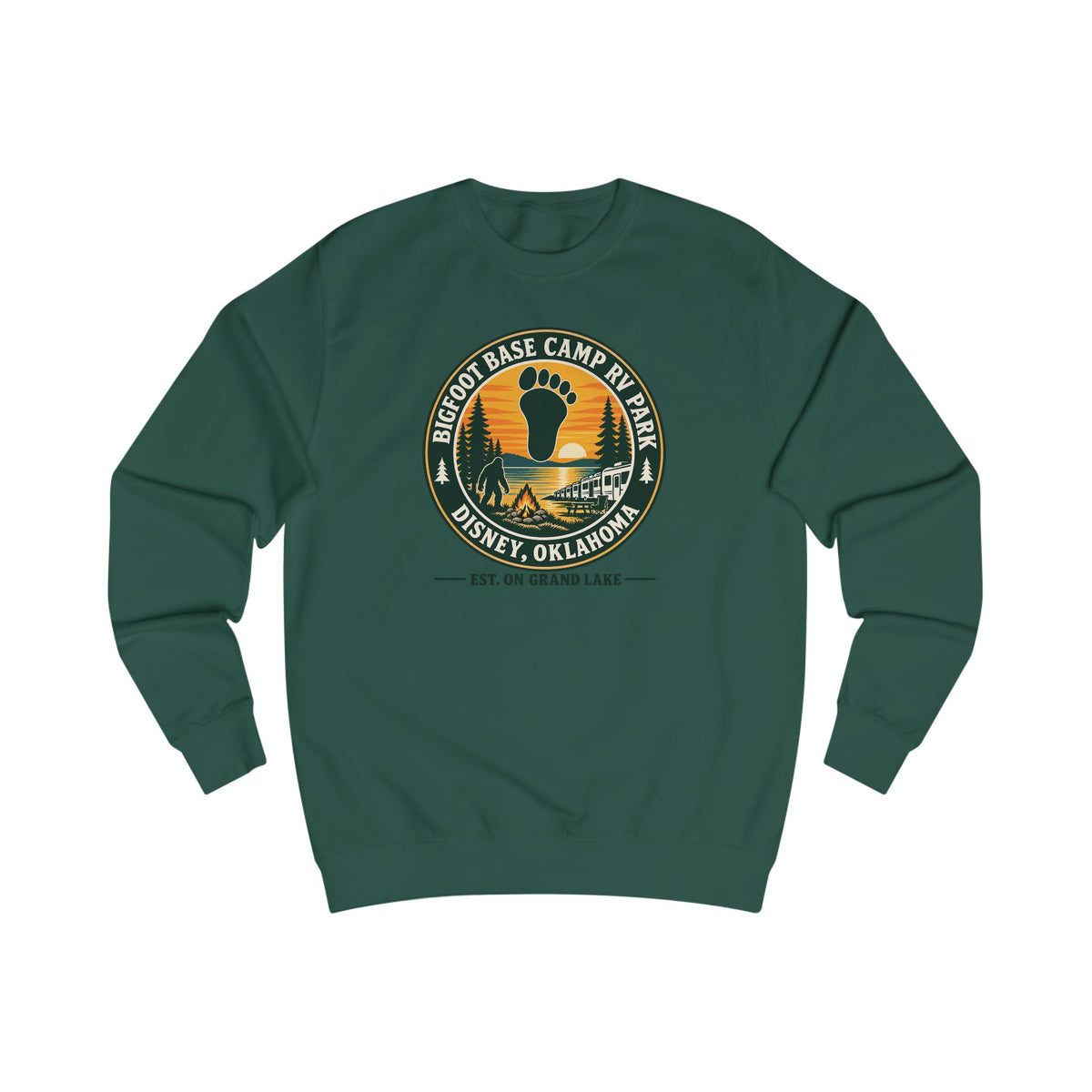 Bigfoot Base Camp RV Park Sweatshirt | Retro Sunset Sasquatch Oklahoma Camp