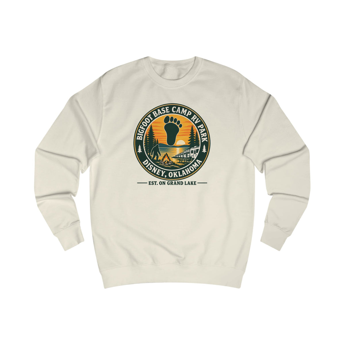 Bigfoot Base Camp RV Park Sweatshirt | Retro Sunset Sasquatch Oklahoma Camp