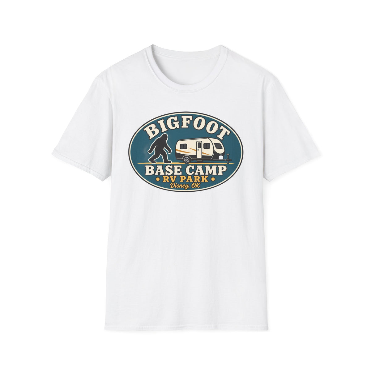 Bigfoot Base Camp RV Park T-Shirt | Sasquatch Camping Graphic