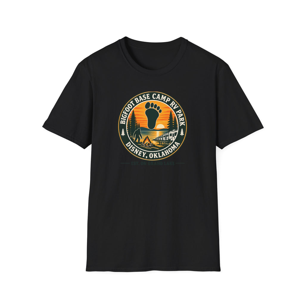 Bigfoot Base Camp RV Park T-Shirt | Sasquatch Camping Badge Shirt