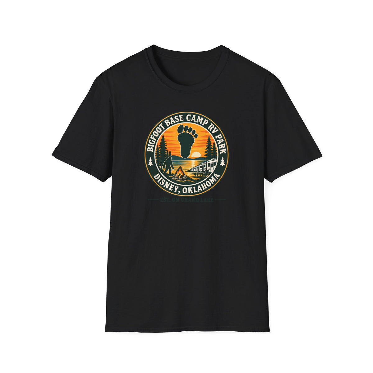 Bigfoot Base Camp RV Park T-Shirt | Sasquatch Camping Badge Shirt