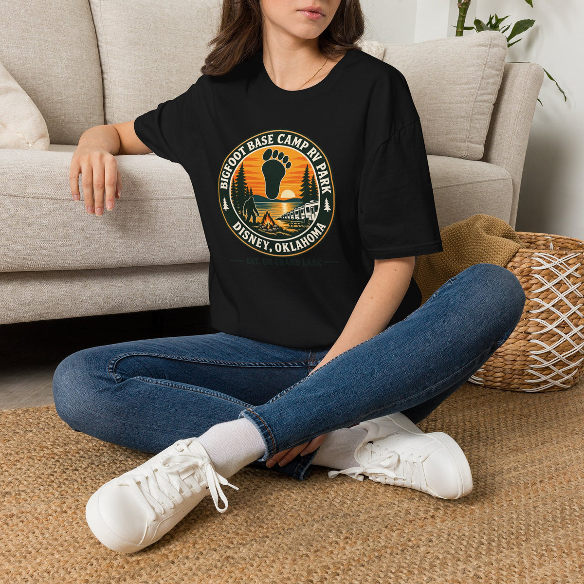 Bigfoot Base Camp RV Park T‑Shirt — Retro Camping Badge (Disney, Oklahoma)