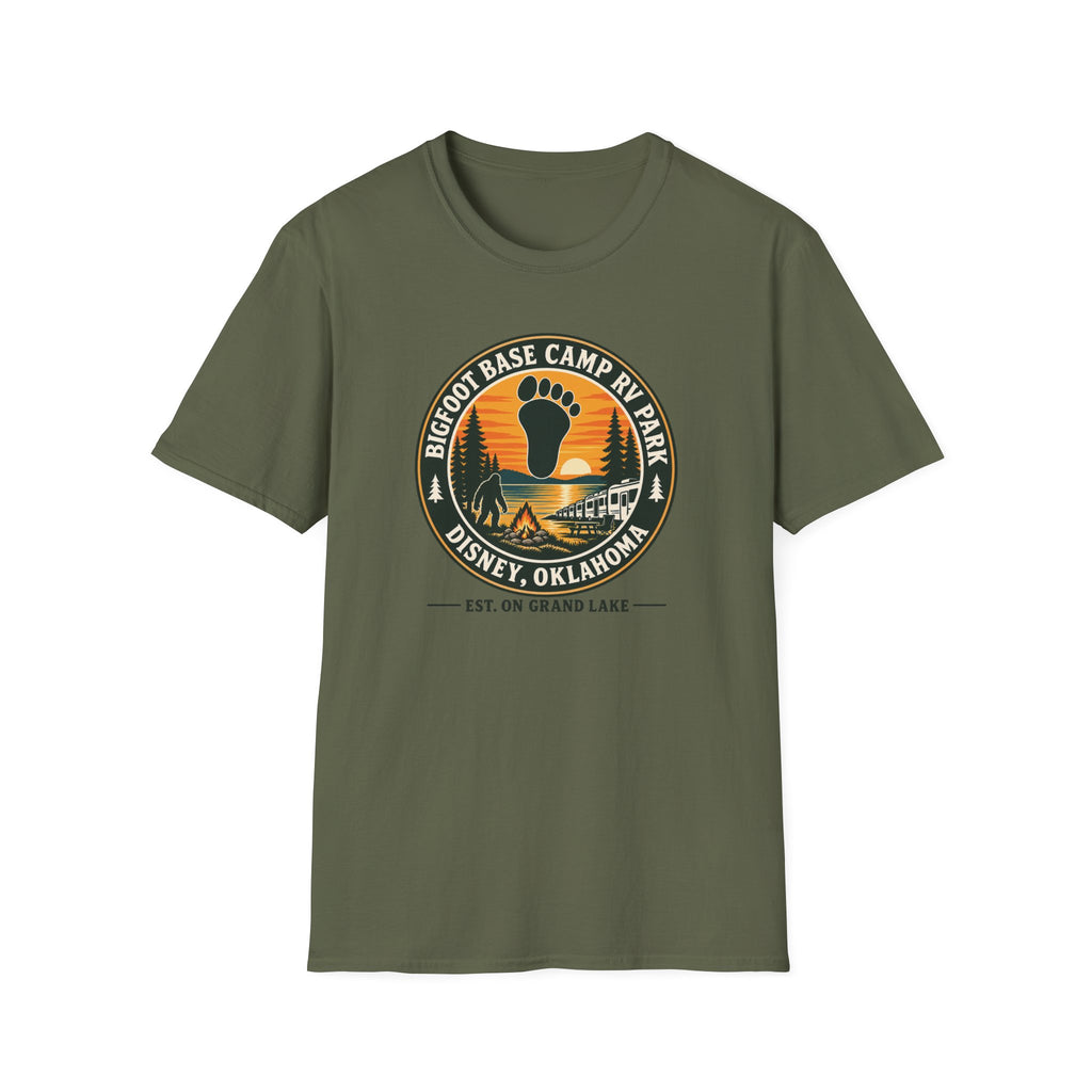 Bigfoot Base Camp RV Park T‑Shirt — Retro Camping Badge (Disney, Oklahoma)