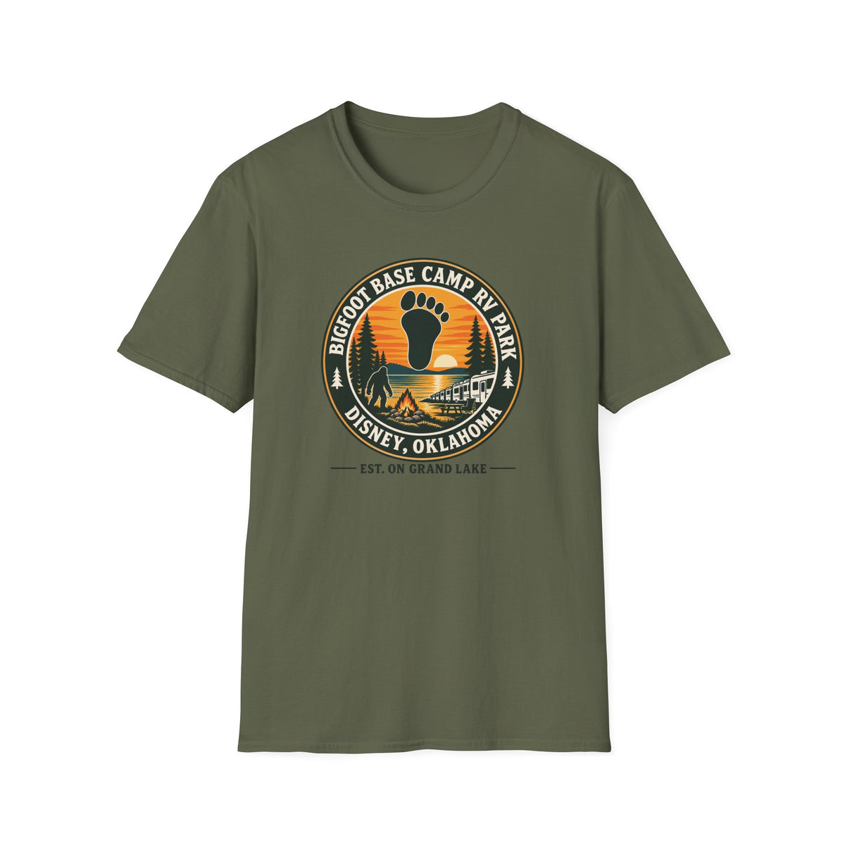 Bigfoot Base Camp RV Park T‑Shirt — Retro Camping Badge (Disney, Oklahoma)