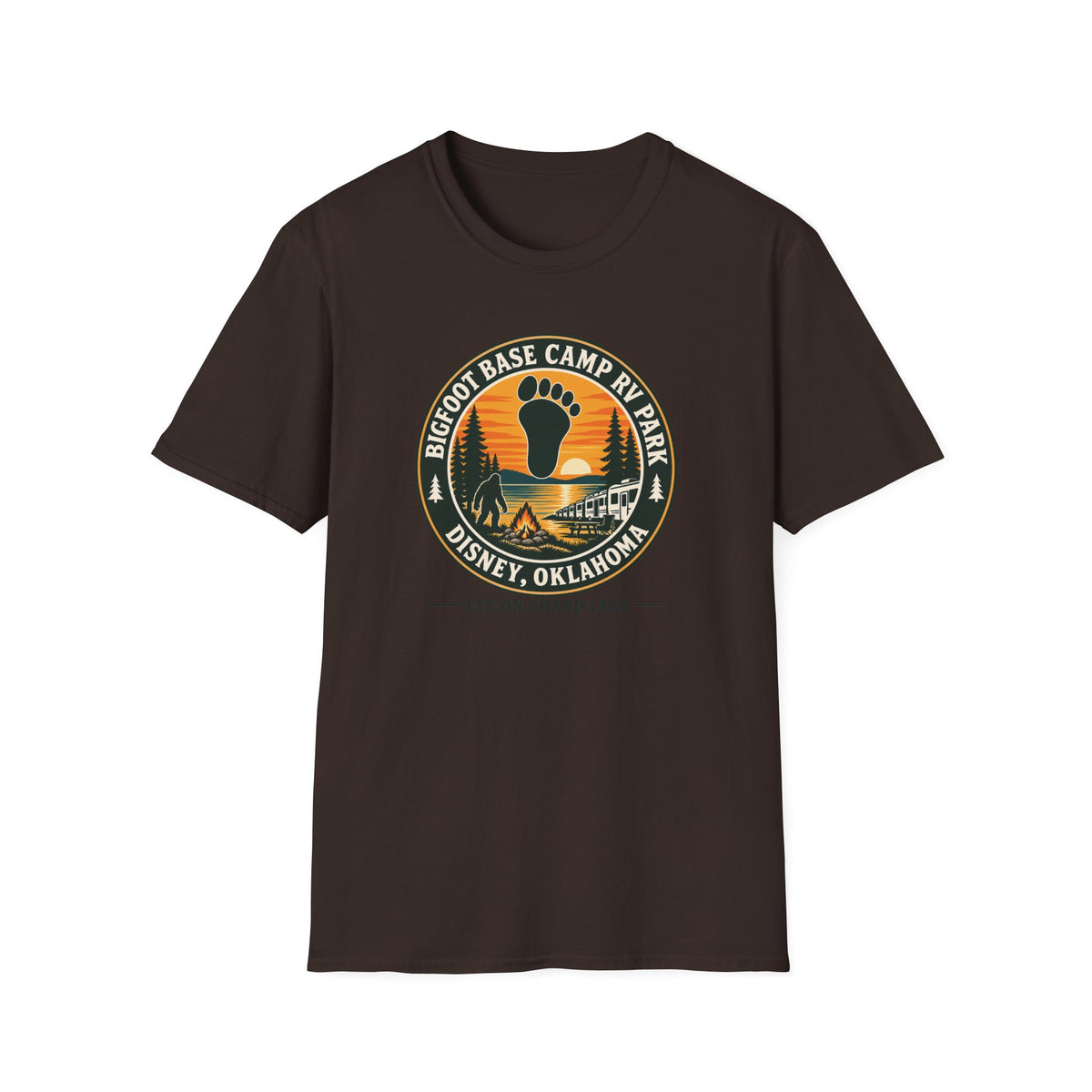 Bigfoot Base Camp RV Park T‑Shirt — Retro Camping Badge (Disney, Oklahoma)