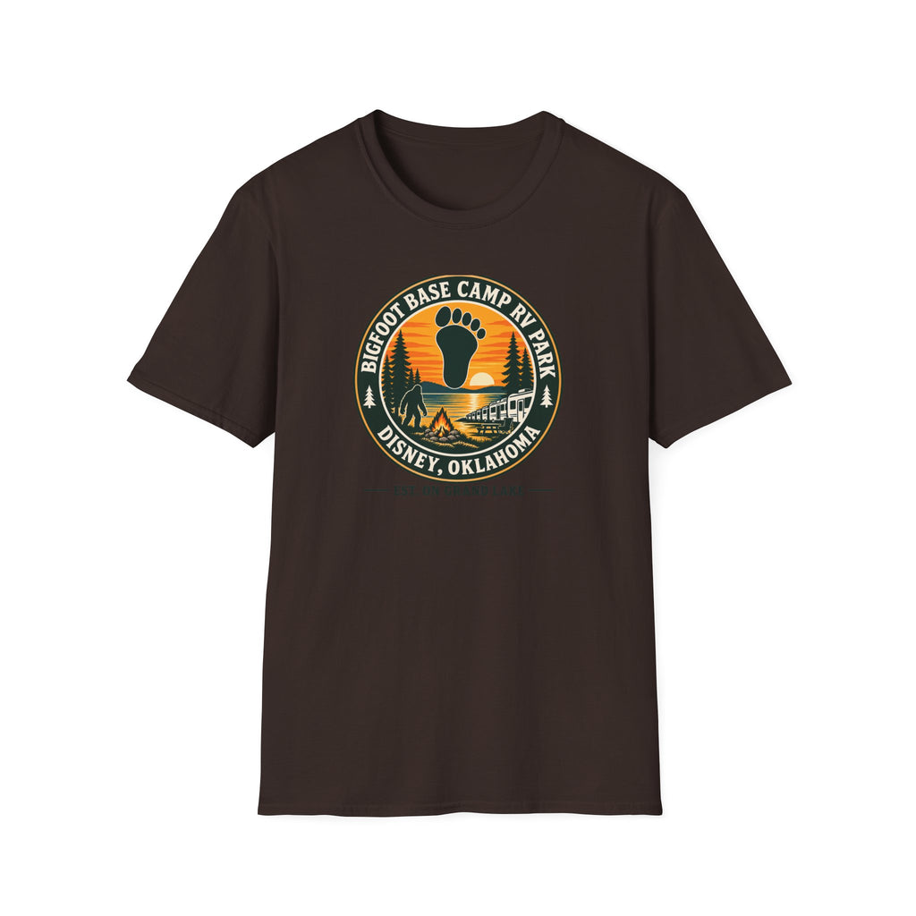 Bigfoot Base Camp RV Park T-Shirt | Sasquatch Camping Badge Shirt