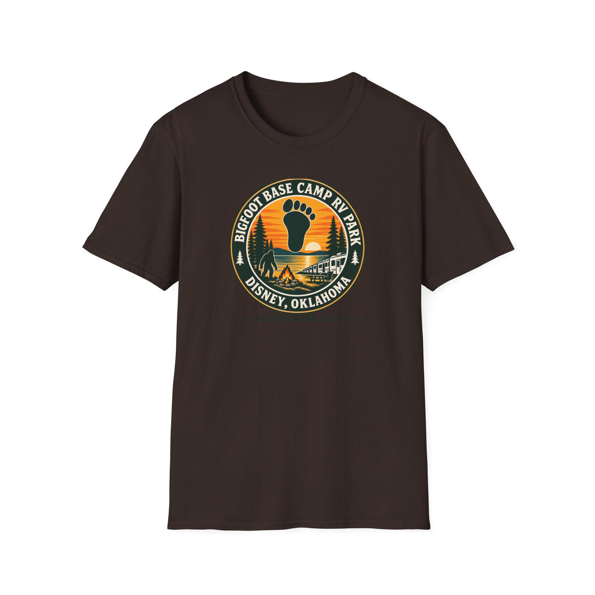 Bigfoot Base Camp RV Park T-Shirt | Sasquatch Camping Badge Shirt