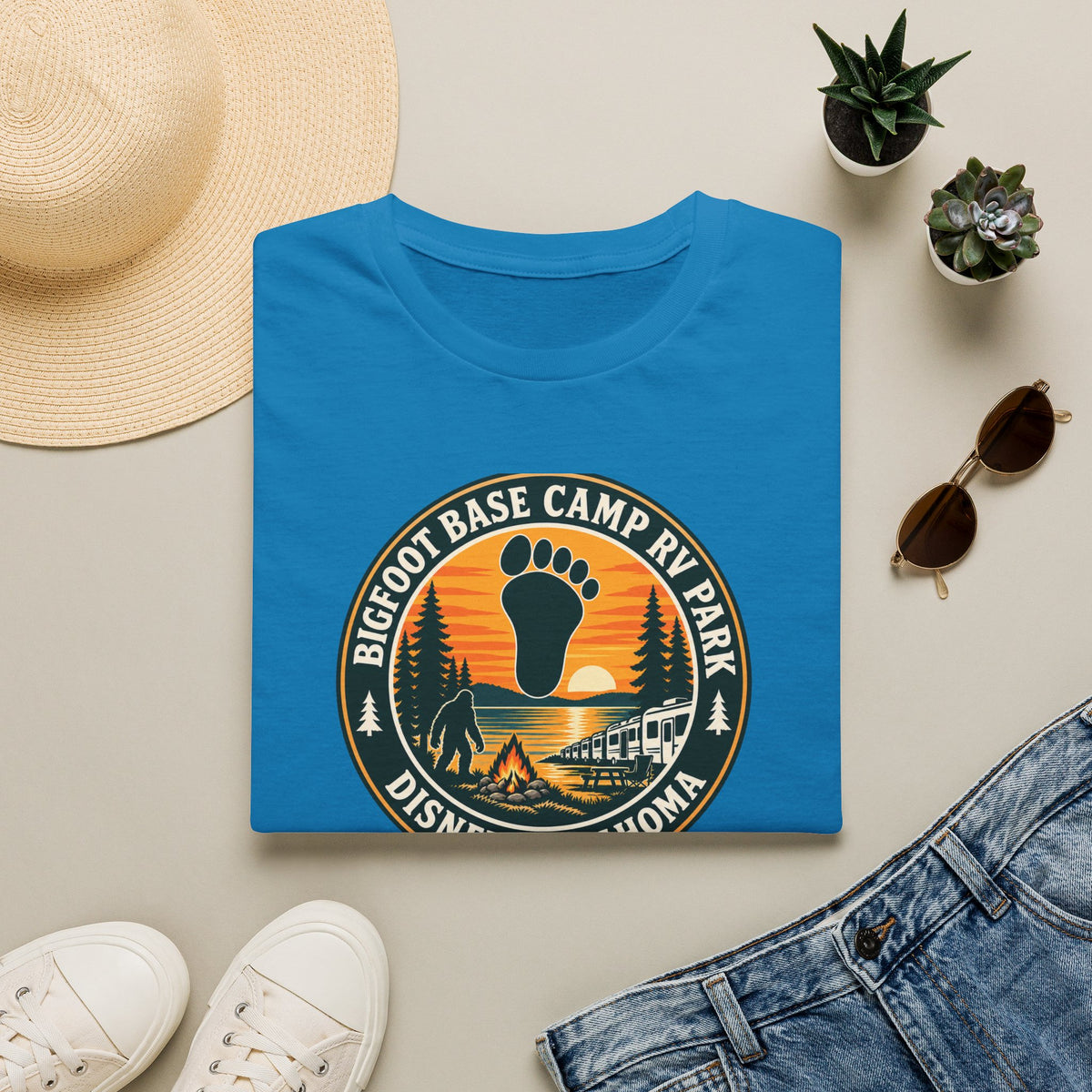 Bigfoot Base Camp RV Park T-Shirt | Sasquatch Camping Badge Shirt
