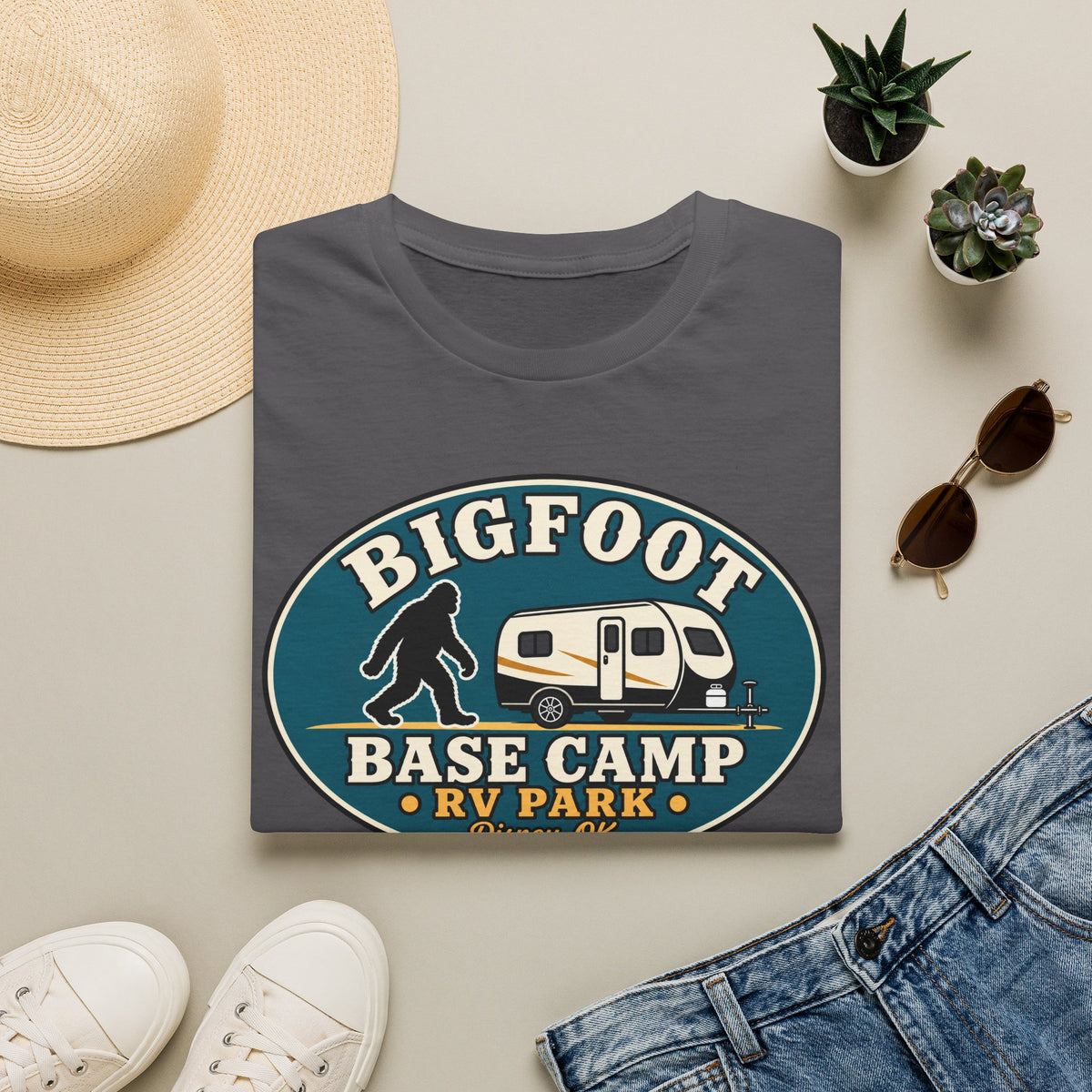 Bigfoot Base Camp RV Park T-Shirt | Sasquatch Camping Graphic